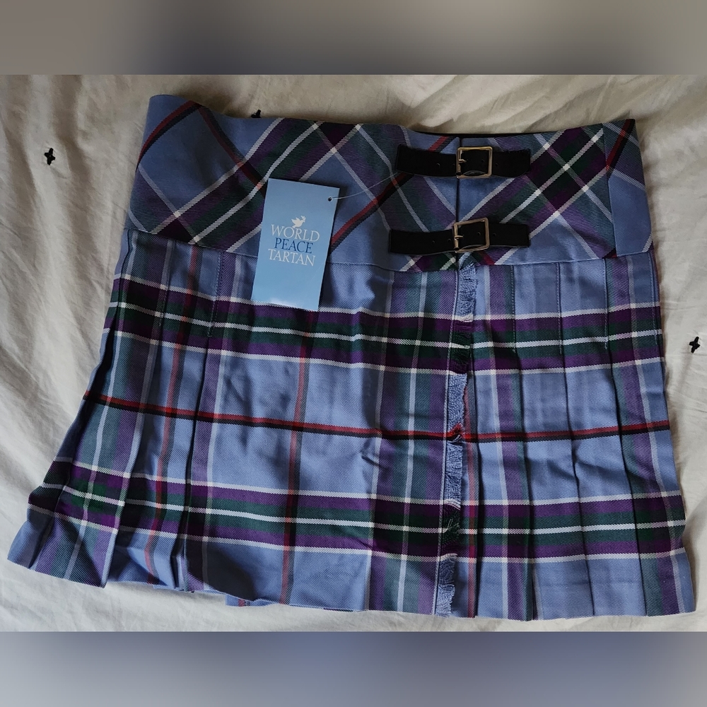 Womens tartan billie skirt, size 12, blue and purple. World Peace Tartan
